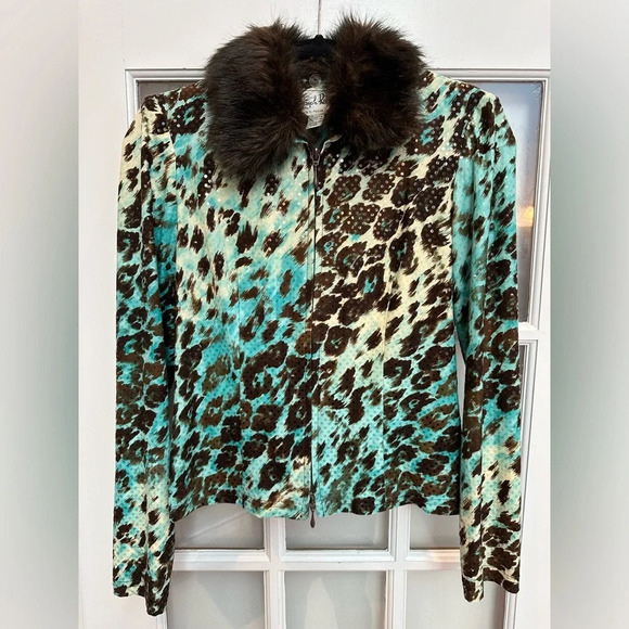 Vintage Joseph Ribkoff Animal Leopard Zip Front Jacket Sequin Faux Fur Size 4 S - Picture 1 of 14